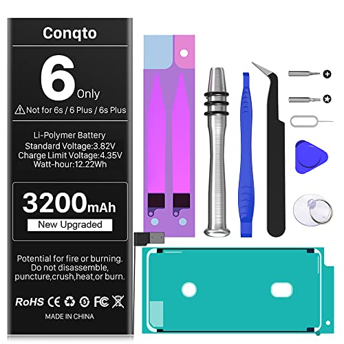 Conqto 3200mAh Upgraded Battery for iPhone 6, 2023 New Version Ultra-High Capacity 0 Cycle Replacement Battery for iPhone 6 A1586,A1589,A1549 with Professional Repair Tool Kits & Instructions
