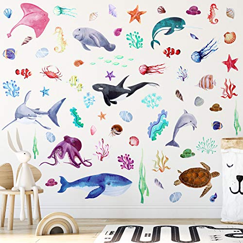 4 Sheets Watercolor Ocean Creatures Wall Stickers Colorful Sea Life Wall Stickers Under The Sea Fish Jellyfish Wall Decor Removable Ocean Themed Wall Decals for Kids Room Nursery Bedroom Playroom