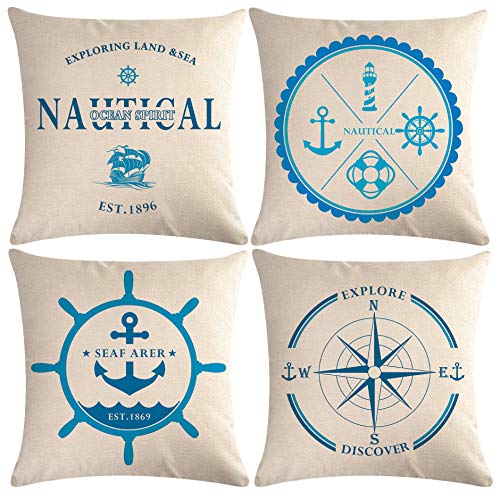 Coastal / Nautical Sailing Throw Pillow Cover Blue Compass /Anchor/Sailboat /Navigation Cushion Cover Navigation&Beach Style Decorative Pillowcases for Home Office Car Sofa Couch 18 x 18 Inch,Set of 4