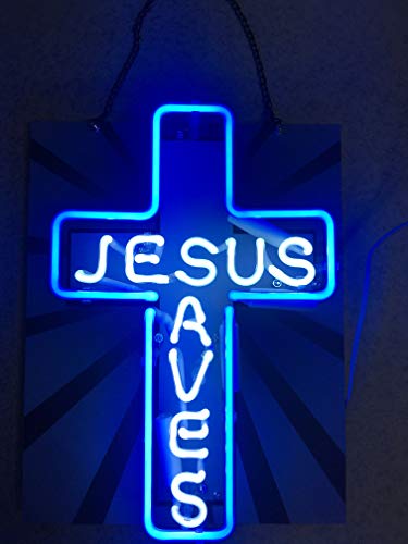 Neon Signs Blue Jesus Saves Cross Neon Light Real Glass Tube Home Room Office Decor Acrylic Bright Artwork…