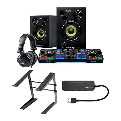 Hercules DJ Starter Bundle with Serato DJ Lite Controller & DJMonitor 32 Active Speakers With Headphones, Laptop Stand and Knox Gear 4-Port USB 3.0 Hub (3 Items)