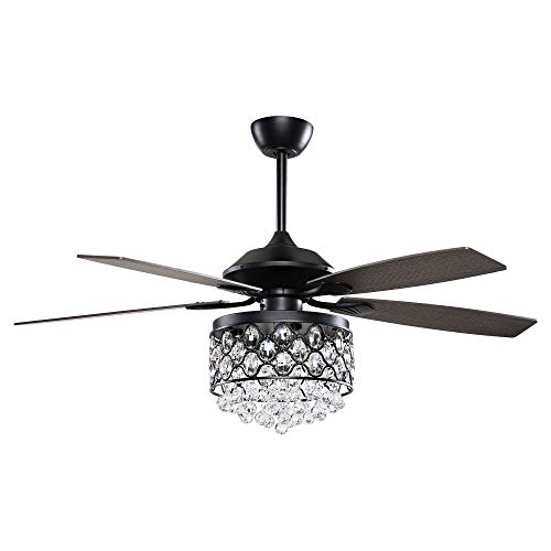Parrot Uncle Ceiling Fans with Lights and Remote Modern Black Ceiling Fan with Light for Bedroom Crystal Chandelier Outdoor Ceiling Fans for Covered Patios with Light, 52 Inch