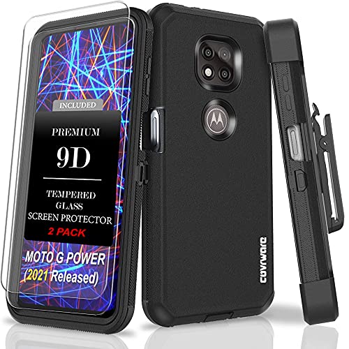 [3 Items] Covrware Tri Series Case + [2-Pack] Tempered Glass Screen Protector for Moto G Power 2021, Holster Belt Swivel Clip Kickstand Heavy Duty Full Body Armor Shockproof Protective Cover, Black