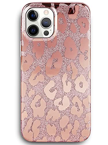 J.west Case Compatible with iPhone 12 Pro Max 6.7-inch, Luxury Saprkle Bling Glitter Leopard Print Design Soft Metallic Slim Protective Phone Cases for Women Girls TPU Silicone Cover Case Rose Gold