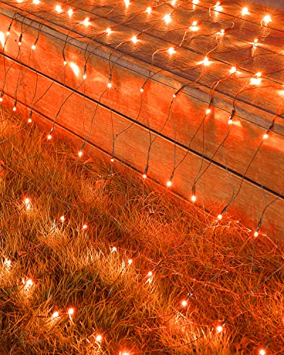 Flacchi Orange Net Lights 7 ft x 5 ft 200 LED 8 Modes Low Voltage Mesh Tree Lights Connectable Green Wire String Lights for Christmas Trees, Bushes, Garden, Halloween Outdoor Decorations