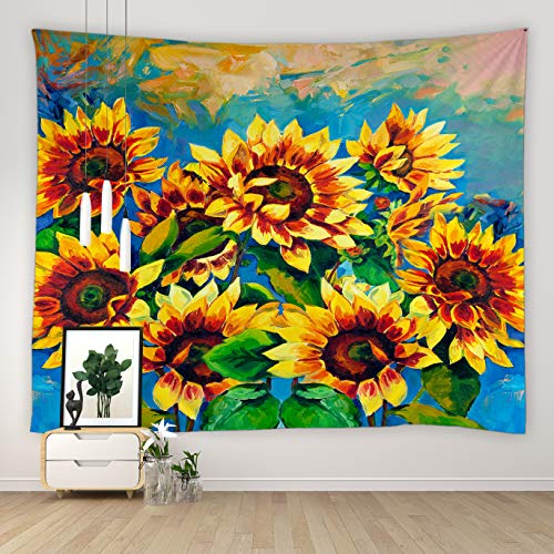 Sunflower Tapestry Watercolor Flowers Blooming Green Plants Vintage Floral Classical Oil Painting Art Wildflowers Spring Summer Garden Rustic Wall Hanging Decor Fabric Living Room Bedroom Home Decor
