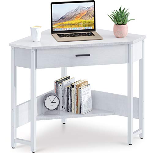 ODK Corner Desk, Triangle Computer Desk Corner Vanity with Large Drawer & Storage Shelves, Corner Writing Desk for Workstation, White