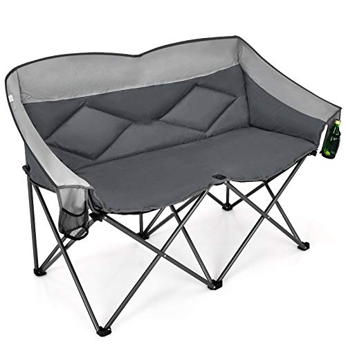 Goplus Loveseat Camping Chair, Double Folding Chair for Adults Couples w/Storage Bags & Padded High Backrest, Oversize Camp Seat for Fishing Picnic (Grey)