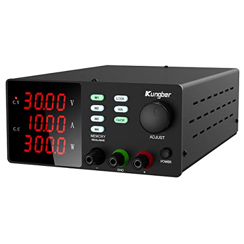 Kungber DC Power Supply Variable with Memory, 30V 10A Adjustable Switching Regulated DC Bench Linear Power Supply with Memory Recall and Output Disable Button 4 Digits Display and Alligator Leads
