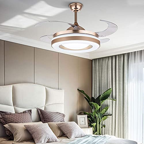 TFCFL 42 Inch Retractable Invisible Ceiling Fan with Remote Control,Modern Fan Chandelier with LED Lights 3 Color Changes,Golden Fan Chandelier for Living Room Bedroom Indoor