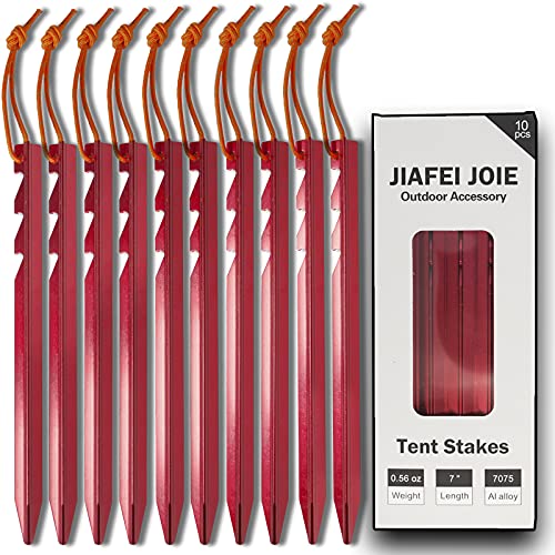 JIAFEI JOIE Aluminum Alloy Tent Stakes, 10Pcs Triangular Tent Pegs, 7075 Ultralight High Strength Durable Anchors, 7 Inches Y-Beam Protruding Serration, Reflective Pull Rope for Camping Tent Canopy