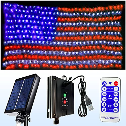 Decute Upgraded American Flag String Lights, Waterproof 390 Led Solar Flag Net Light of The United States with Remote for Christmas Decorations, Yard,Garden, Festival, Holiday, Party Decoration