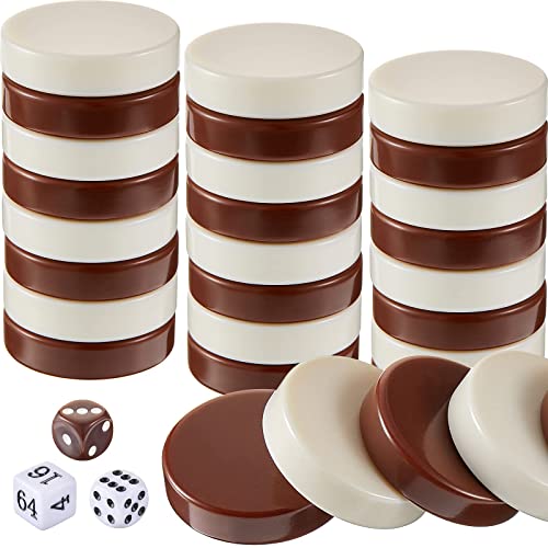 30 Pieces Backgammon Pieces Checkers 1.25 Inch Replacement Checkers Board Game Pieces Playing Game Chips with 5 Dice and Drawstring Storage Pouch for Checkers Game Supplies, Brown and White