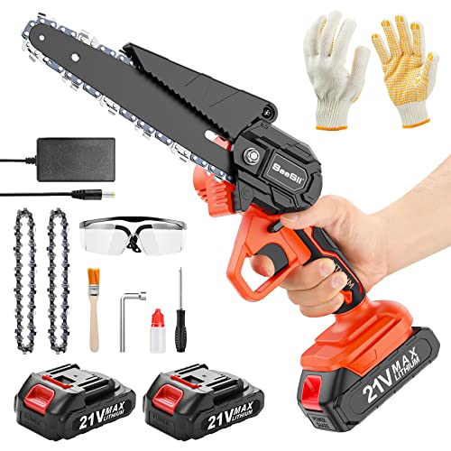 Mini Chainsaw 6 Inch Cordless, Seesii Battery Powered Chainsaw with 2 Batteries,Small Portable Handheld Electric Power Chain Saws with Safety Lock for Tree Trimming Wood Cutting