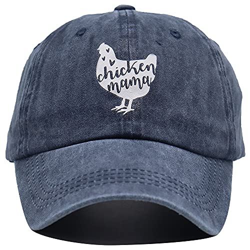 Chicken Mama Hat, Farm Hen Baseball Cap Vintage Washed Distressed Denim Adjustable Dad Hats (Chicken Mama Navy, one Size)