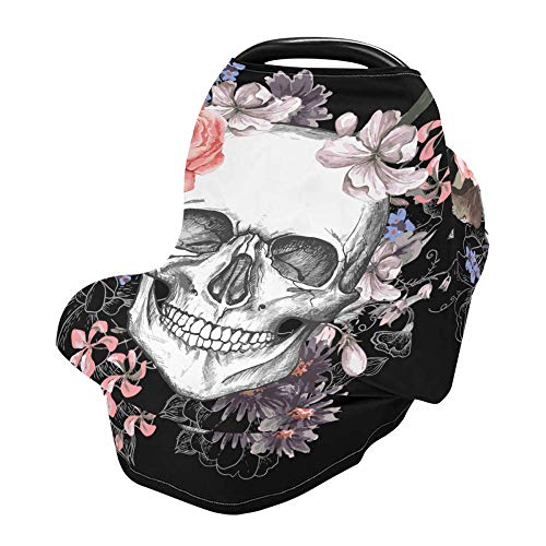 YYZZH Vintage Day of The Dead Skull in Pink Floral Flower Stretchy Baby Car Seat Cover Infant Canopy Nursing Covers Breastfeeding Cover Breathable Windproof Winter Scarf for Boys Girls