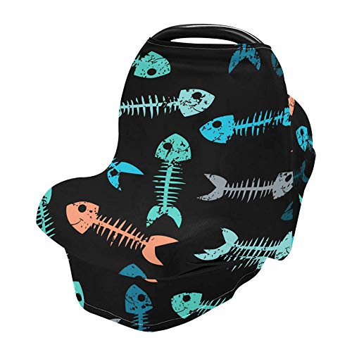 YYZZH Multicolor Fish Skeleton Bone Skull Tattoo Print On Black Stretchy Baby Car Seat Cover Infant Canopy Nursing Covers Breastfeeding Cover Breathable Windproof Winter Scarf for Boys Girls