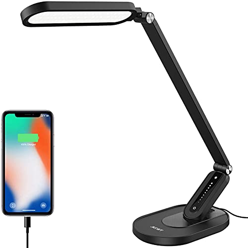 JKSWT LED Desk Lamp, Eye-Caring Table Lamps Natural Light Protects Eyes Dimmable Office Lamp with 5 Color Modes USB Charging Port Touch Control and Memory Function, 10W Reading Lamp,Black