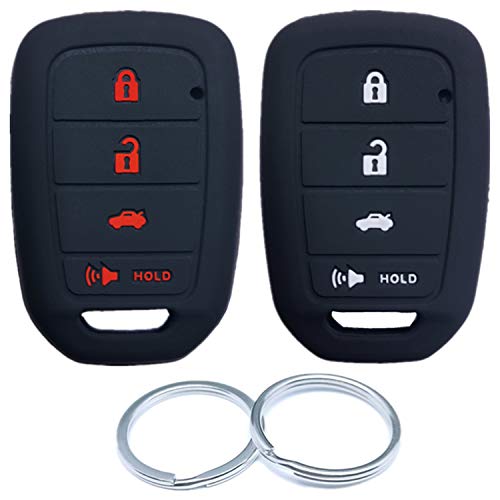RUNZUIE 2Pcs 4 Buttons Silicone Key Fob Cover Shell Protector Compatible with Honda Accord Civic CR-V HR-V Black Black with Red Button
