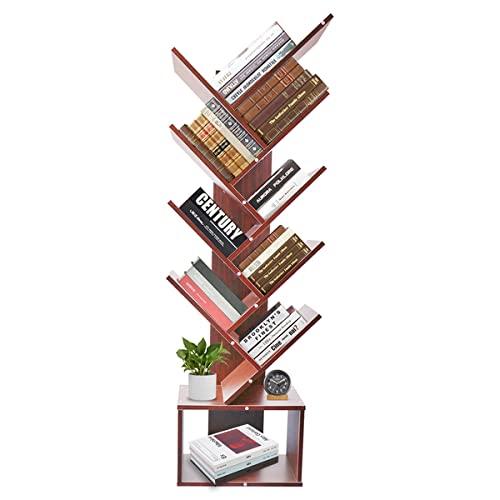 Tree Bookshelf with Drawer Rustic Brown Bookcase 9-Tier Book Rack Free Standing Book Storage Organizer Shelves, Wooden Rack Organizer Shelves for CD Movies/Books Home Office Living Room Bedroom