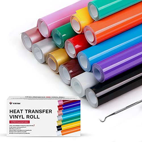YRYM HTV Heat Transfer Vinyl Bundle – 14 Pack 12″ x 3 Feet Heat Transfer Vinyl Roll with 14 Popular Colors HTV Roll