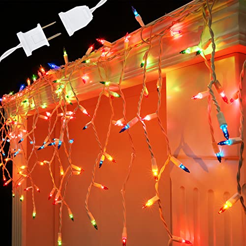 Brizled Icicle Lights Outdoor, 17.34ft 300 Count Multicolor Christmas Icicle Lights, 120V UL Certified Connectable Icicle String Lights, White Wire Christmas Lights for Xmas Home Party Wedding Decor