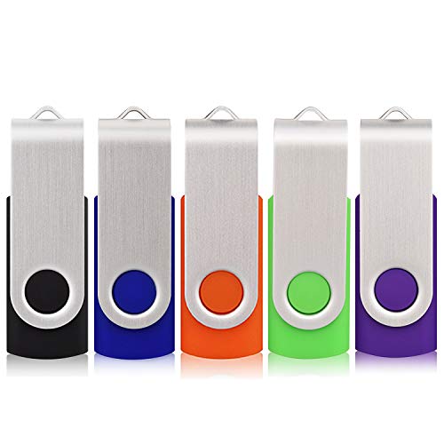 5 Pack 32GB Flash Drive, USB 2.0 Swivel Thumb Drives Bulk Memory Stick Jump Drive Pen Drive Zip Drive for Data Storage,Black/Blue/Orange/Green/Purple (32G, 5Pcs Mixed Color)