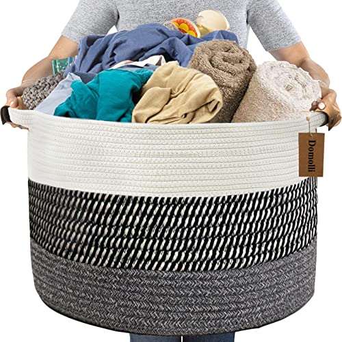 Domolli Blanket Basket, Cotton Rope Basket with Leather Handles XXXL Extra Large Laundry Basket 22″ x 22″ x 14″ Baby Hamper Nursery Bins Woven Basket for Blankets Pillows Clothes Stuffed Toys Storage