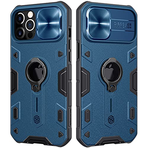 CloudValley for iPhone 12 Pro Max Case with Camera Cover & Kickstand, Slide Lens Protection + 360° Rotate Ring Stand, Impact-Resistant, Shockproof, Protective Bumper, Blue Armor Style