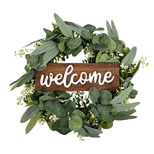 Adeeing Artificial Eucalyptus Wreath for Front Door 16 Inch Green Leaves Welcome Wreath with Sign Farmhouse Wreath for Window Wall Party Home Decoration