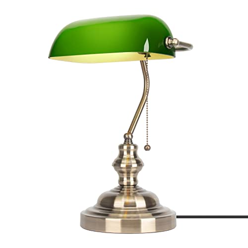 JEUNEU Traditional Bankers Desk Lamp Classic Green Glass Office Table Lamp Retro Reading Light with Pull Chain Switch for Bedroom Living Room Study Office Library Workplaces etc