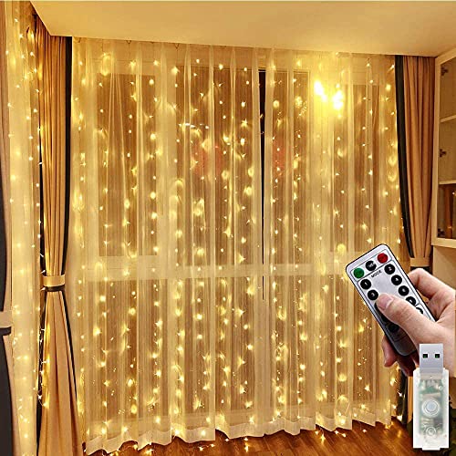 USB Curtain Lights 300 LED 8 Modes Hanging LED Curtain Lights, ​9.8×9.8 Ft Remote ​Control USB Powered Waterproof Christmas Fairy String Lights for Outdoor, Wedding, Party, Home Decoratio – Warm White