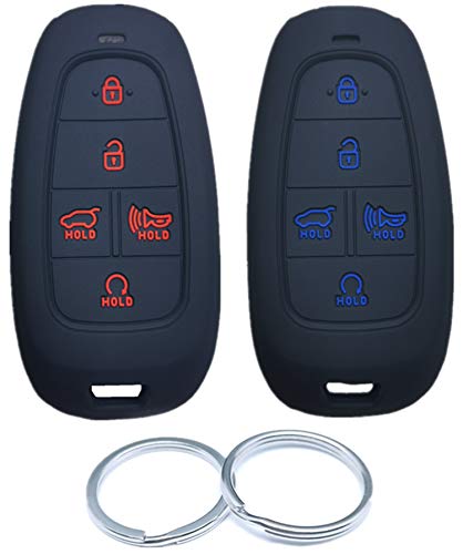 RUNZUIE 2Pcs 5 Buttons Silicone Remote Smart Key Fob Cover Shell Compatible with 2021 2020 Hyundai Sonata 2021 Sonata Fe TQ8-F08-4F27 95440-L1060 Black with Red/Blue