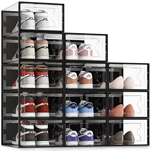 SEESRPING 12 Pack Shoe Storage Box, Clear Plastic Stackable Shoe Organizer for Closet, Space Saving X-Large Foldable Shoe Sneaker Containers Bins Holders Fit up to Size 14 (Black)