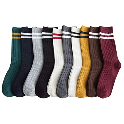 Redwind 10 Pairs Womens Fashion All Season Crew Socks Simple Striped Ten Colors Socks Casual Medium (Free Size)