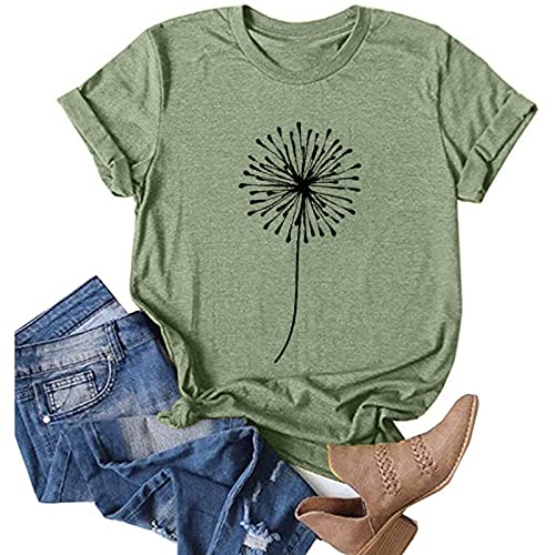 Hotkey Womens Short Sleeve Tops, Womens Loose T-Shirts Casual Dandelion Printing O-Neck Blouse Tops Funny Shirts Green