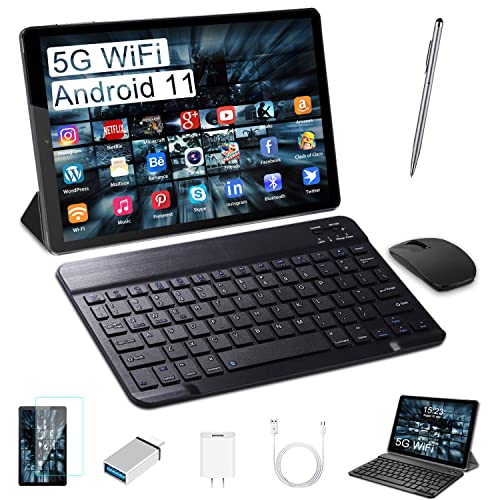 2 in 1 Android Tablet 10 Inch 5G Dual WiFi Tablets with Keyboard 4GB RAM 64GB ROM 128GB Expand, Quad-Core 1.6GHz Tablets, Bluetooth, Type-C, Google GMS Certified Tablet PC