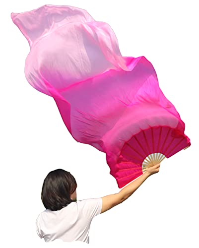 Winged Sirenny 1 Piece 70″(180 cm) Belly Dance Silk Fan Veil, Adjustable Worship Praise Flag Streamer (Pink Fading)