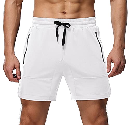 Aimeilgot Mens Shorts Casual Elastic Waist Athletic Gym Summer Beach Shorts with Pockets(White,Medium)