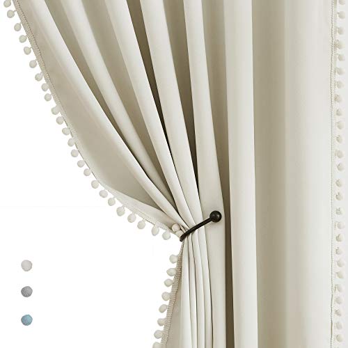 Treatmentex Pompom Window Curtain Panels Natural 45″ Long Small Window Curtain Ivory Curtain Drapes for Basement Laundry Room Darkening Curtains 2Panels, 50″ x 45″