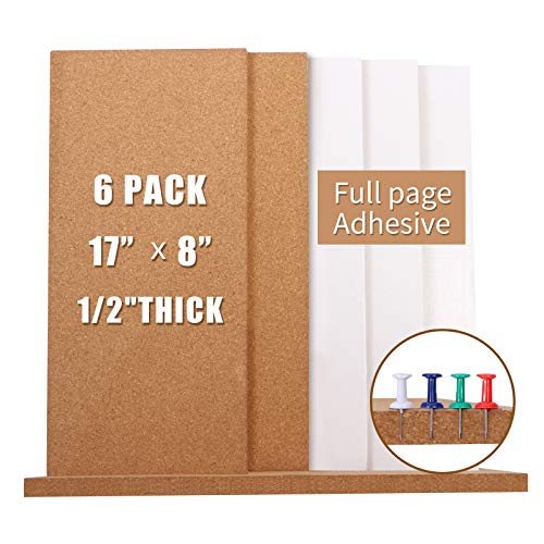 Cork Bulletin Board 17″x8″ – 1/2″ Thick Cork Board Tiles Frameless Cork Tiles, Self-Adhesive Corkboards Wall Decor with a Box Bonus Pushpins (6pack) for Office, School and Home