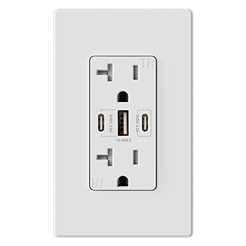 ELEGRP 30W 6.0 Amp 3-Port USB Wall Outlet, 20A Receptacle with Dual USB Type C & Type A Ports, USB Charger for iPhone/iPad/Samsung/LG/HTC/Android Devices, UL Listed, w/ Wall Plate, 1 Pack, Matte White