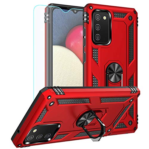 YZOK for Galaxy A02S Case,Samsung A02S Case,with HD Screen Protector,[Military Grade] Ring Car Mount Kickstand Hybrid Hard PC Soft TPU Shockproof Protective Case for Samsung Galaxy A02S (Red)