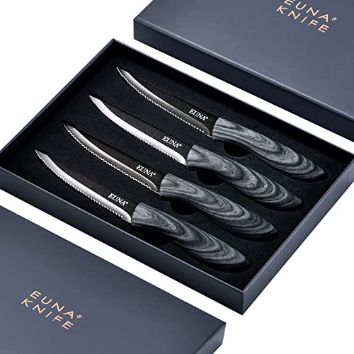 EUNA 4 PCS Steak Knives Kitchen Knife Set Ultra Sharp 4.5 Inch Serrated Steak Knife Set with Gift Box Stainless Steel Chef Knife Set with PP Ergonomic Handle