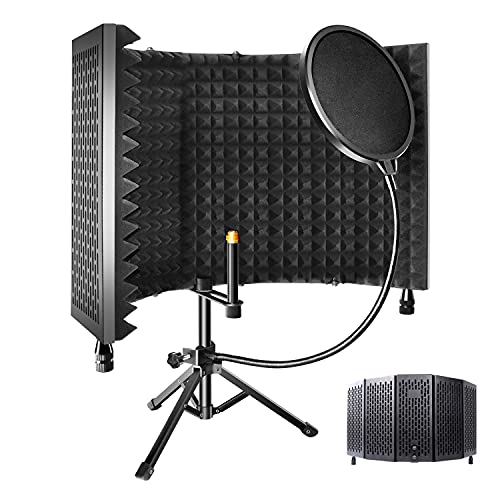 ZOSTA Studio Recording Microphone Isolation Shield with Tripod Stand and Pop Filter, High Density Absorbent Foam to Filter Vocal, Foldable Sound Shield for Most Condenser Mic Recording Equipment