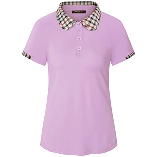 KORLHY Ladies Golf Shirts Short Sleeve, Moisture Wicking Women’s Golf Outfits Lightweight Moisture Wicking Polo Shirts for Legging Quick Dry Hiking Fishing Camping Plaid Collar Purple Large