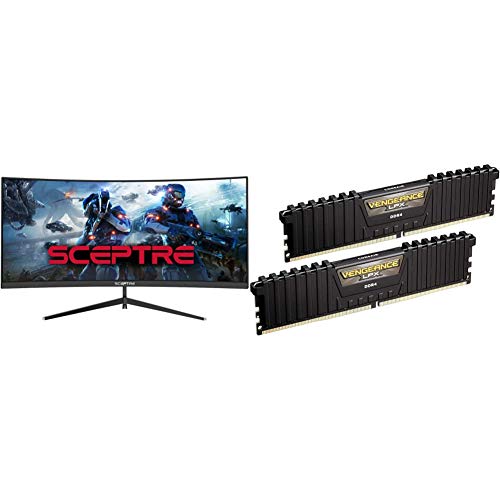 Sceptre 30-inch Curved Gaming Monitor, Metal Black (C305B-200UN) & Corsair Vengeance LPX 16GB (2x8GB) DDR4 DRAM 3000MHz C15 Desktop Memory Kit – Black (CMK16GX4M2B3000C15)