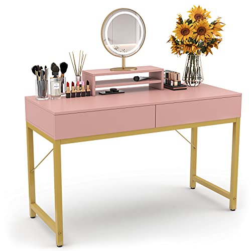 WESTREE Women Makeup Vanity Desk Without Mirror Pink – Bedroom Home Office Desk with Drawer, Wooden Height Monitor Stand & Storage Shelf, Great Gift for Your Kids