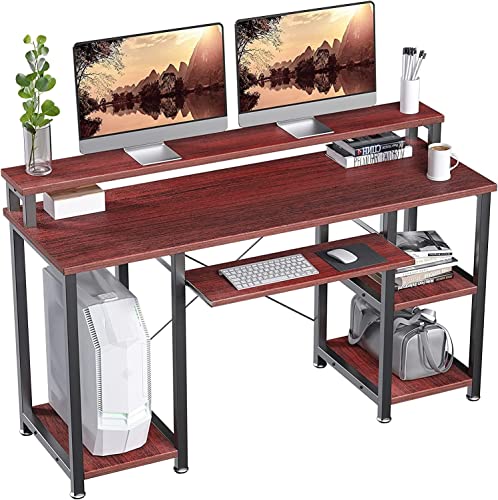 NOBLEWELL Computer Desk with Keyboard Tray, 47 inch Home Office Desk with Monitor Stand, Computer Table Desk with Storage Shelves, Modern Work Writing Desk (Cherry)