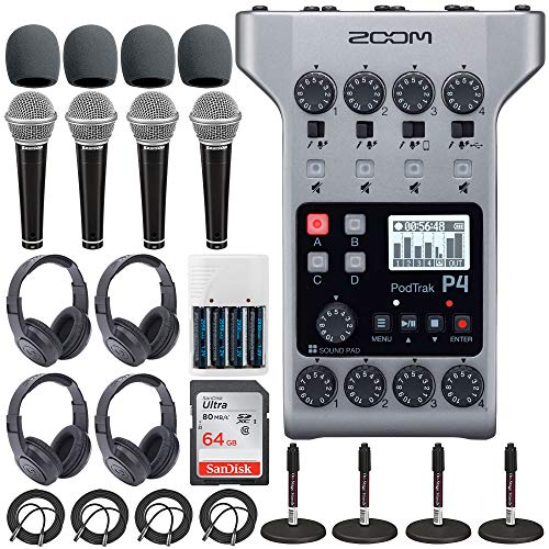 Zoom PodTrak P4 Portable Multitrack Podcast Recorder + 64GB SDXC Memory Card + 4x Dynamic Cardioid Handheld Mic + 4x Stereo Headphones + 4x Foam Windscreens + 4x Desk Mic Stand + Batteries & Charger